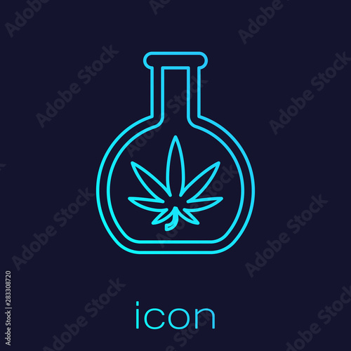 Turquoise line Chemical test tube with marijuana or cannabis leaf icon isolated on blue background. Research concept. Laboratory CBD oil concept. Vector Illustration