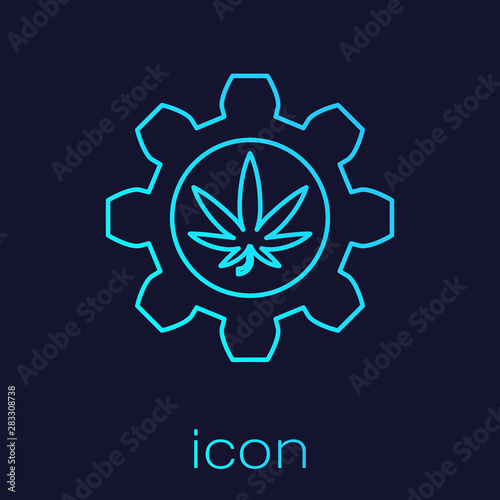 Turquoise line Chemical test tube with marijuana or cannabis leaf icon isolated on blue background. Research concept. Laboratory CBD oil concept. Vector Illustration