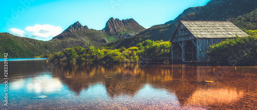 Beautiful scene of Cradle mountain peak from Dove lake in Cradle Mountain National Park, Tasmania, Australia. photo