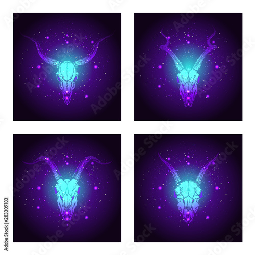 Vector set of four illustrations with hand drawn skulls antelopes and goats on blue and purple abstract background.