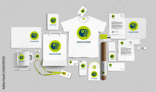 Corporate identity of the hackathon company. Stock vector mockup set. Template design elements hackathon company. Illustration of a set of branding design templates for business hackathon company