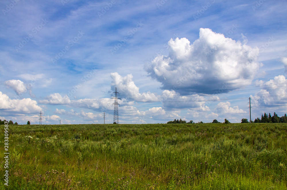 Fields with power lines in the Moscow region Fields with power lines in the Moscow region