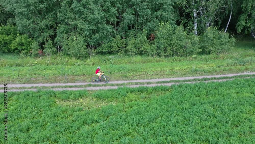 Person bicycling between green fields with birch trees. Aerial view 4K. Drone flying above yong boy riding bike on road. Person bicycling between green fields with birch trees. Aerial view 4K. Drone flying above yong boy riding bike on road.