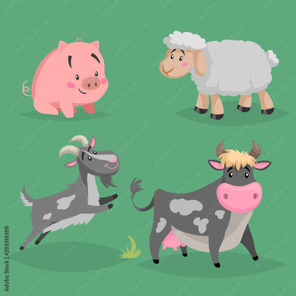 Cute cartoon farm animals set. Furry sheep, cow, pig sitiing and jumping goat. Vector domestic characters illustration isolated on green background. Cute cartoon farm animals set. Furry sheep, cow, pig sitiing and jumping goat. Vector domestic characters illustration isolated on green background.