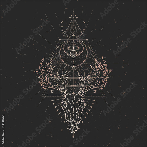 Vector illustration with hand drawn Deer skull and Sacred geometric symbol on black vintage background. Abstract mystic sign.