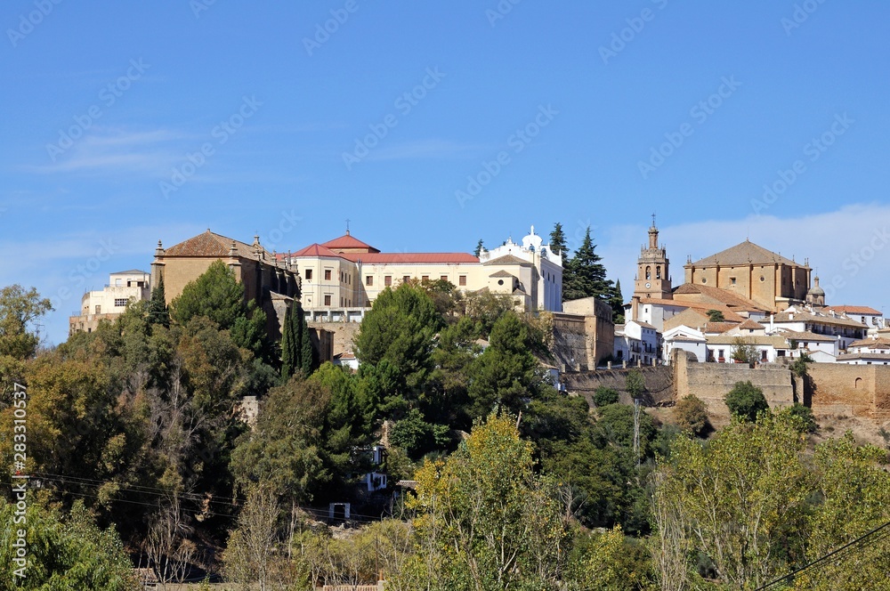 View of town buildings from the East, Ronda, Andalusia, Spain.