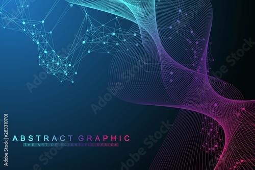 Scientific vector illustration genetic engineering and gene manipulation concept. DNA helix, DNA strand, molecule or atom, neurons. Abstract structure for Science or medical background. Wave flow