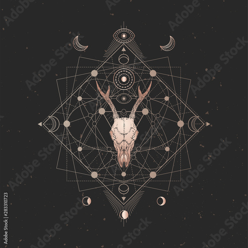 Vector illustration with hand drawn Roe deer skull and Sacred geometric symbol on black vintage background. Abstract mystic sign.