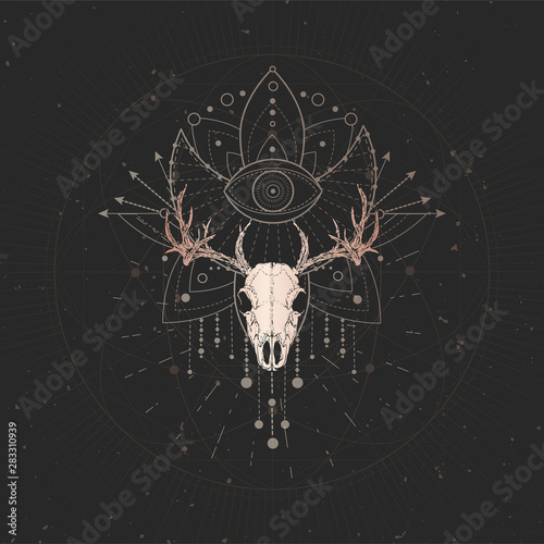 Vector illustration with hand drawn Deer skull and Sacred geometric symbol on black vintage background. Abstract mystic sign.