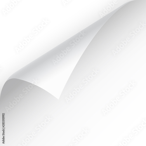 Curled page corner with shadow on transparent background. Blank sheet of paper. Vector illustration.