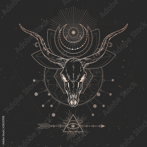 Vector illustration with hand drawn Antelope skull and Sacred geometric symbol on black vintage background. Abstract mystic sign.