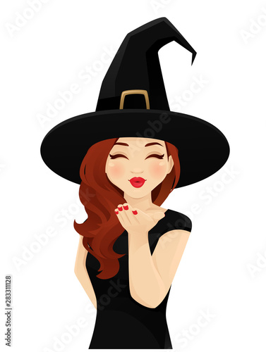 Halloween woman in witch costume blowing magic kiss isolated vector illustration