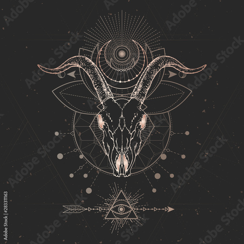 Vector illustration with hand drawn Goat skull and Sacred geometric symbol on black vintage background. Abstract mystic sign.