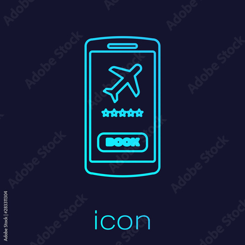 Turquoise line Smartphone with electronic boarding pass airline ticket icon isolated on blue background. Passenger plane mobile ticket for web and app. Vector Illustration