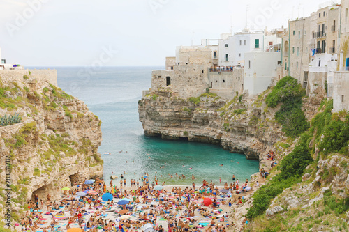 POLIGNANO A MARE, ITALY - JULY 28, 2019: beautiful panoramic view of Polignano a mare, Italy