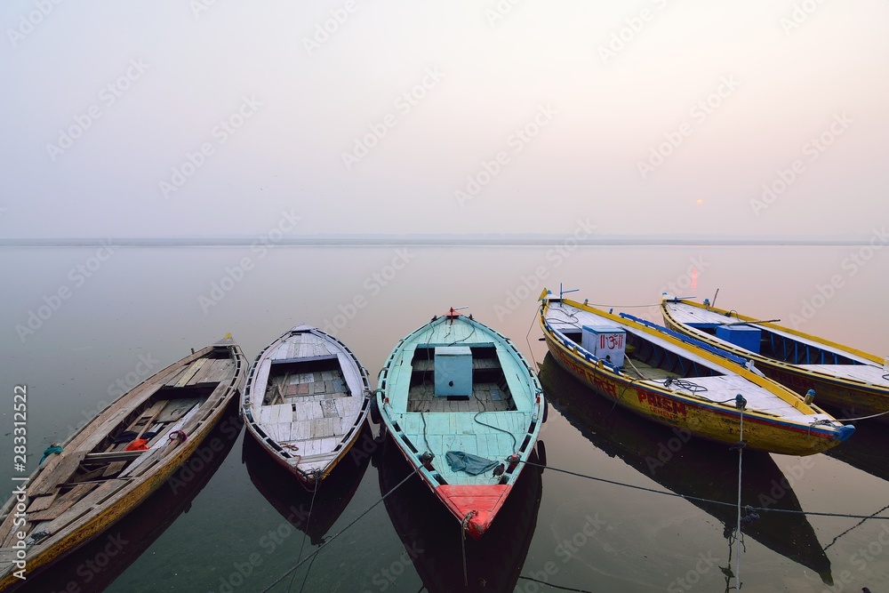 Lined up boats in Ganges river in Varanasi, India