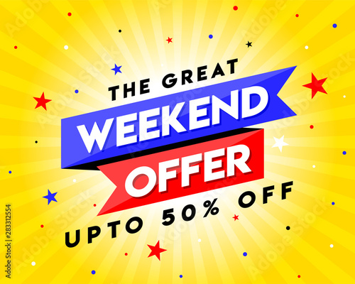 The Great Weekend Offer Banner, Logo design, Sticker, Concept, Card, Template, Icon, Poster, Unit, Label, Web Header, Mnemonic. Weekend sale with upto 50% off - Vector, Illustration
