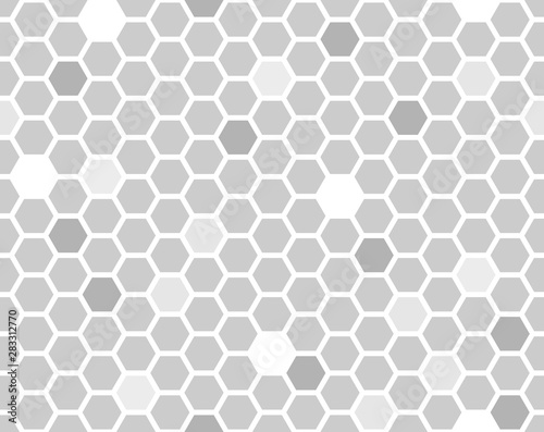 Hexagon seamless pattern. Grayscale random shade honeycomb line repeatable background.