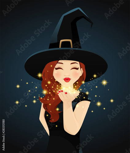Halloween woman in witch costume blowing magic kiss on dark background vector illustration