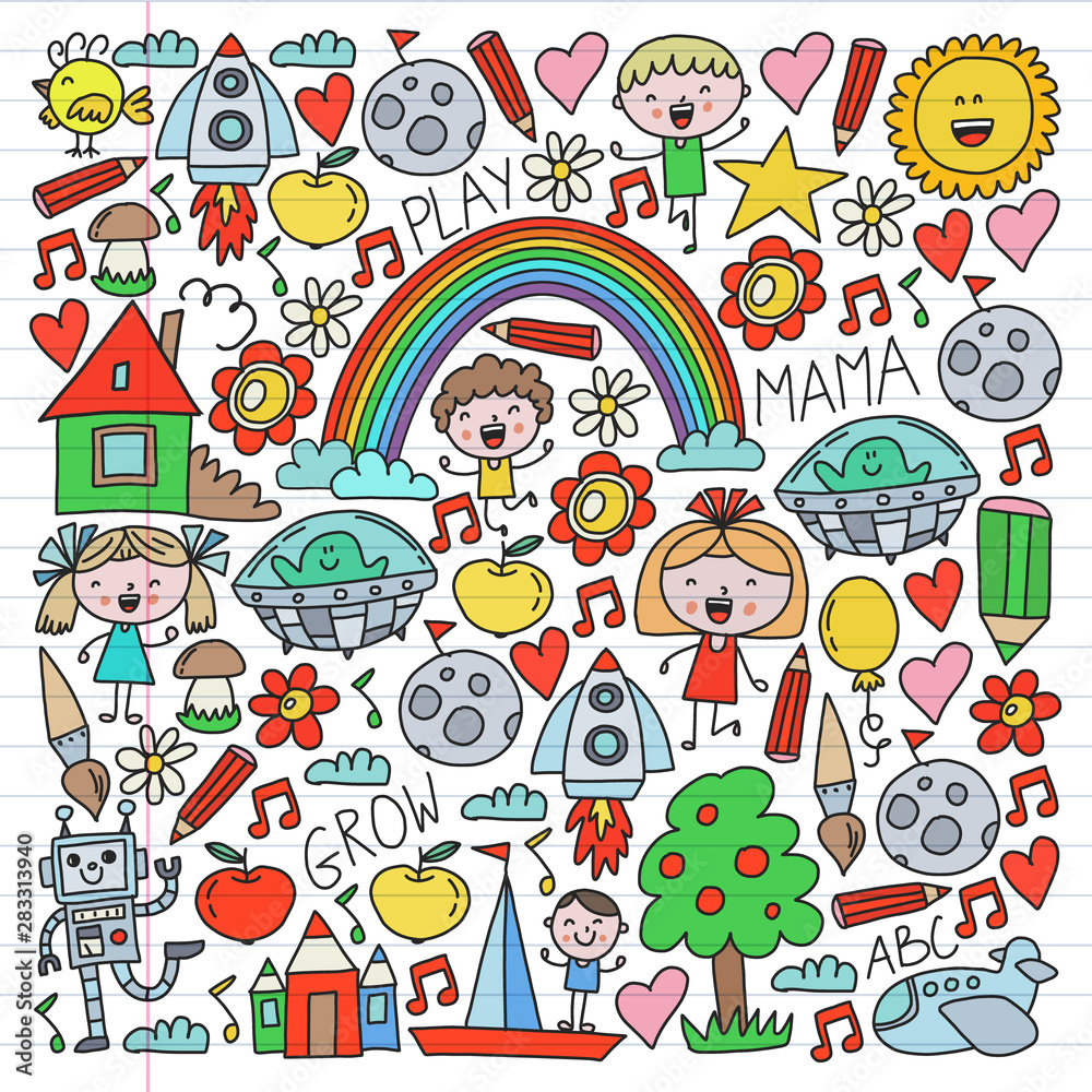 Time to adventure. Imagination creativity small children play nursery kindergarten preschool school kids drawing doodle icons pattern, play, study, learn with happy boys and girls Let's explore space