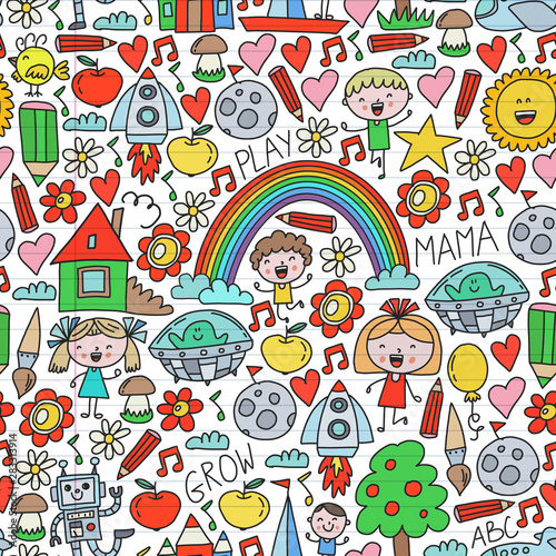 Time to adventure. Imagination creativity small children play nursery kindergarten preschool school kids drawing doodle icons pattern, play, study, learn with happy boys and girls Let's explore space