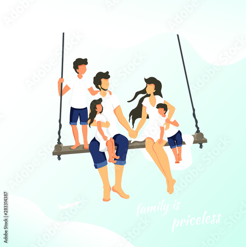Postcard design with young family sitting on a swing among the clouds and "family is priceless" quote. Vector illustration perfect for poster, banner, flyer, brochure, cover, card.