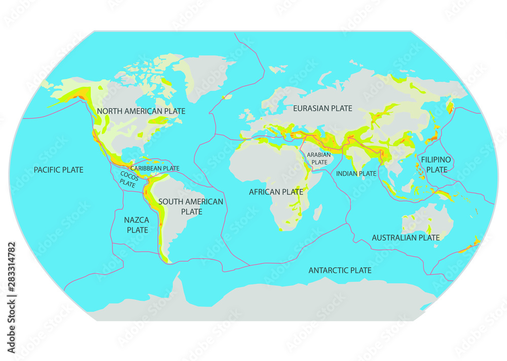 Fototapeta  illustration on the theme of geography and cartography with a map of tectonic plates.