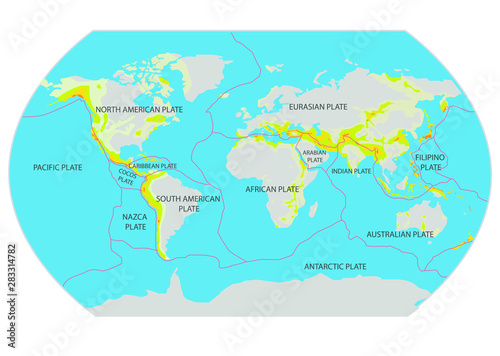  illustration on the theme of geography and cartography with a map of tectonic plates.