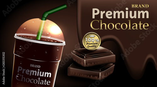 Chocolate in a clear plastic cup and green straw with chocolate and  dark brown color