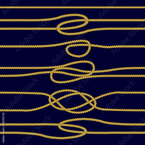 Set of seamless golden cords with loops, knots. 