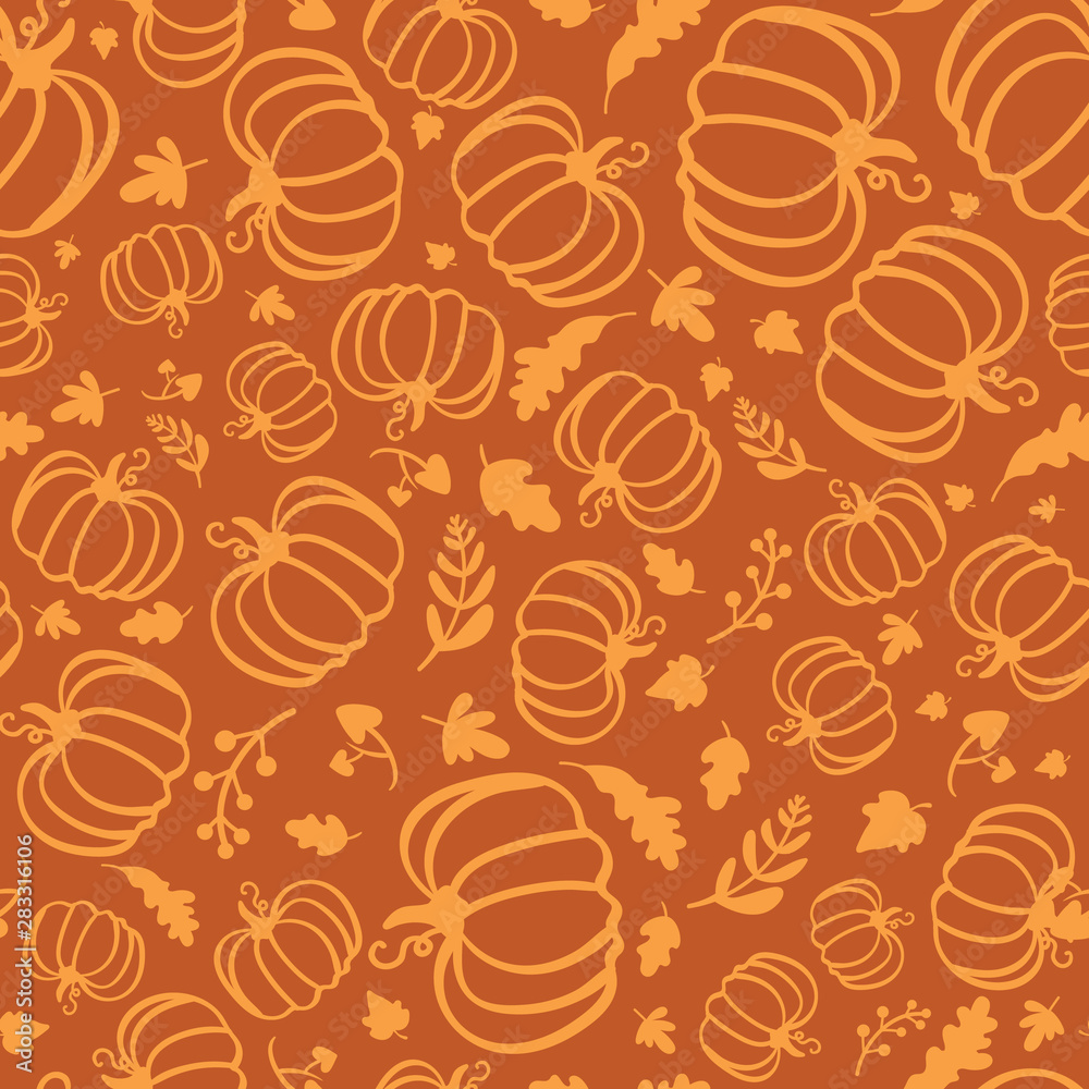 Autumn seamless pattern of silhouette of pumpkins and maple leaves.