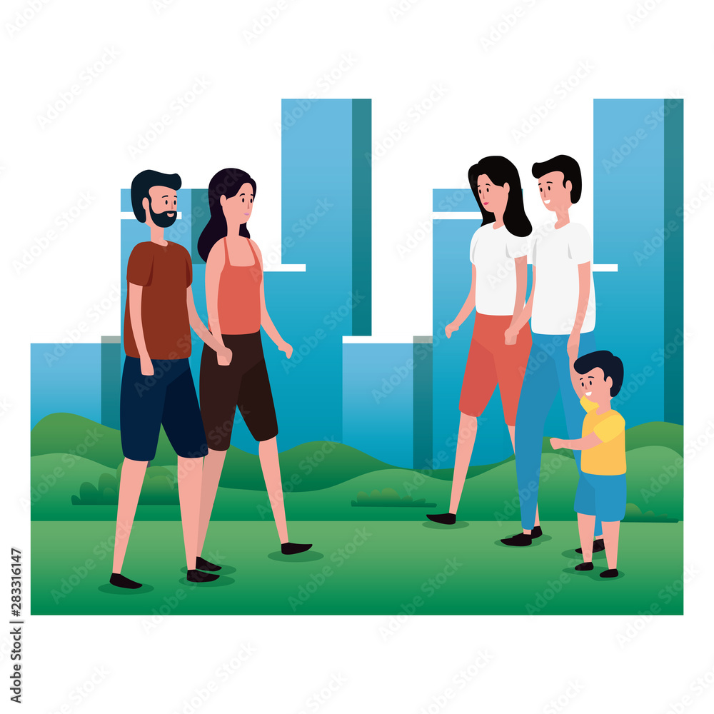group of parents with little son on the park characters group of parents with little son on the park characters