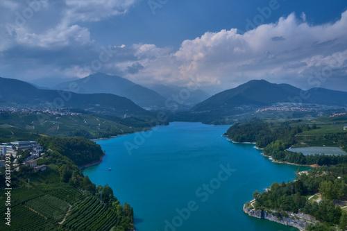 Aerial view Lake Santa Giustina  Castel Cles  bridge over the lake. North of Italy.