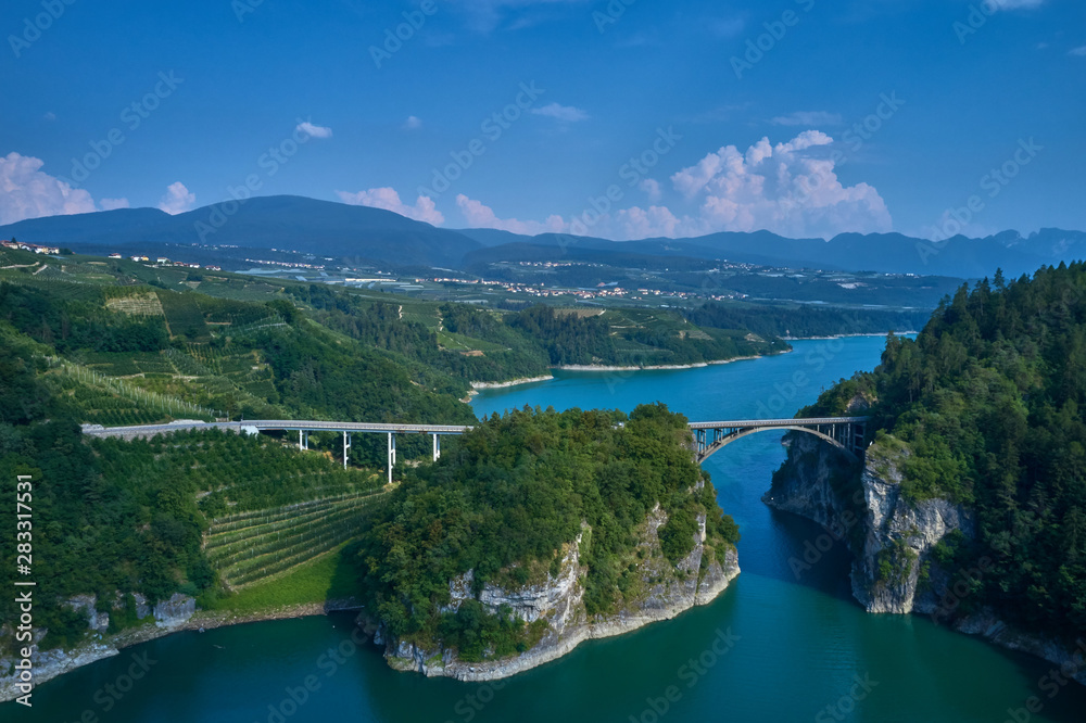 Aerial view Lake Santa Giustina, Castel Cles, bridge over the lake. North of Italy. Aerial view Lake Santa Giustina, Castel Cles, bridge over the lake. North of Italy.