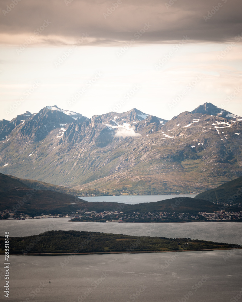 A beautiful landscape on mountains and a fjord in Northern Norway