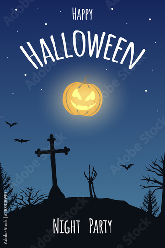 Invitation card for the night horror party in honor of all saints day. Hand of a skeleton climbs from a grave under a cross. Glowing pumpkin instead of a moon in night starry sky. Halloween poster.