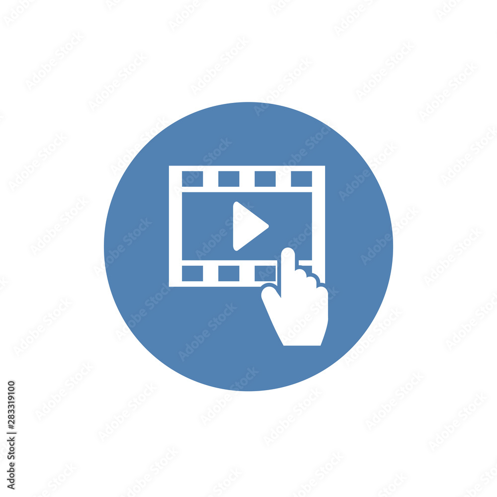 Online video icon - vector hand touch on video player sign or logo element Online video icon - vector hand touch on video player sign or logo element