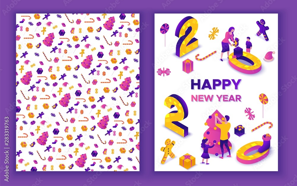 New year 2020 isometric greeting card, 3d illustration, print 2 side template, family celebrating winter holiday party, christmas concept, parents, cartoon people together, violet, pink, yellow color