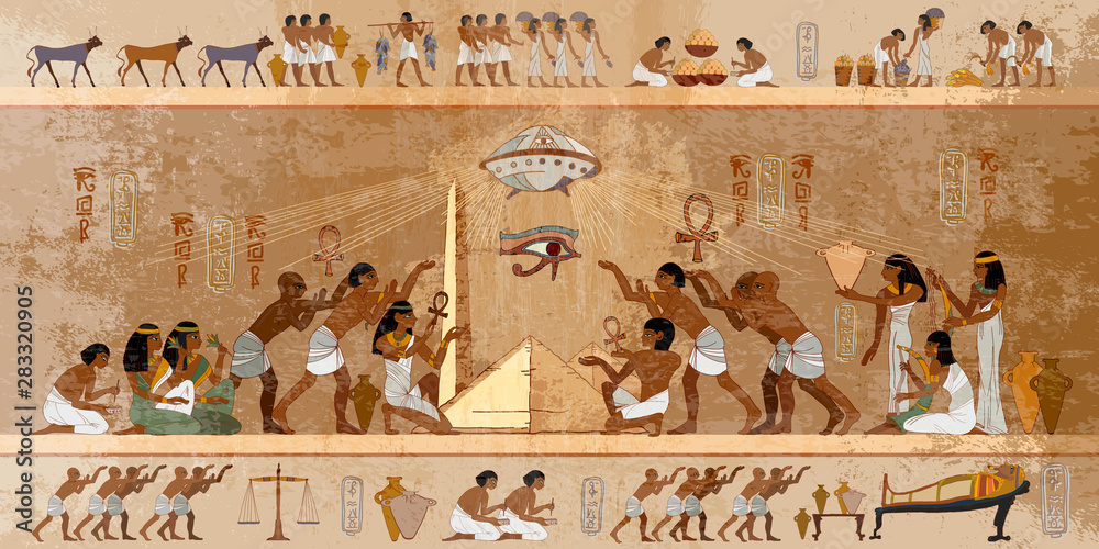 Ancient Egypt. Paleocontact frescoes. Aliens and egyptians. First contact. Spaceship UFO over pyramids. Ancient astronauts visited Earth, old stone murals Stock Vector | Adobe Stock