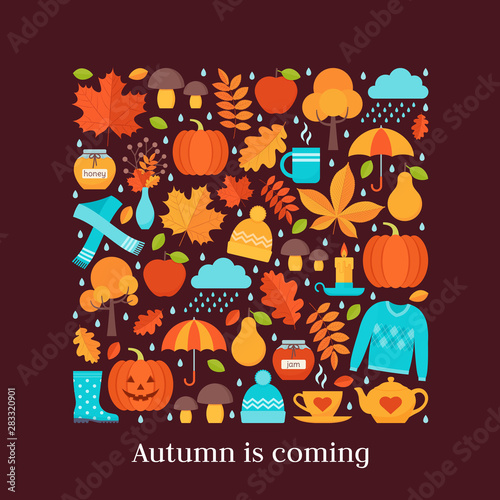 Autumn background. Vector. Creative card with autumn elements in square shape. Template in flat design on dark brown backdrop. Fall leaves decoration banner. Cartoon illustration. Colorful poster.