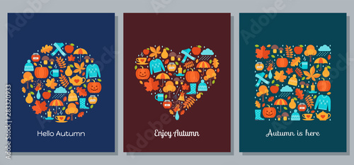 Autumn card with autumn elements stylized in shapes of circle, heart and square. Vector. Creative template background on dark backdrop. Flat design. Fall leaves decoration banner. Cartoon illustration