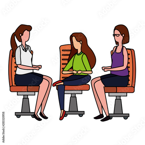 elegant businesswomen workers seated in office chairs
