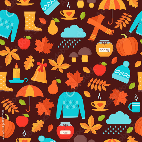 Autumn pattern. Vector. Seamless background with autumn elements fall leaves, umbrella, pumpkin, rain, sweater hat. Seasonal print on brown backdrop. Cute texture. Colorful illustration in flat design