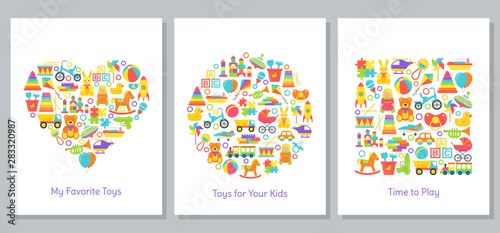 Baby toys cards stylized in shapes of heart, circle and square. Kids toy print. Vector. Set children icons isolated on white background. Cartoon illustration. Flat design. Cute colorful banner.