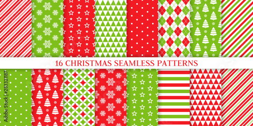 Christmas seamless pattern. Xmas, New year background. Vector. Endless texture with polka dot, candy cane stripe, snow, tree, star. Holiday print for wrapping paper web textile. Red green illustration