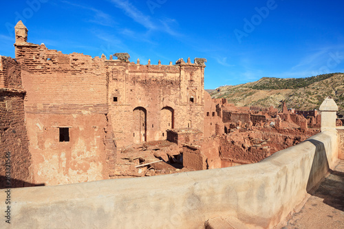 Kasbah of the Glaouis in Telouet, Morocco. A Kasbah is a traditional fortified house or palace made from adobe.  photo