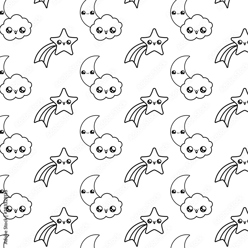 pattern of shooting stars with moons and clouds kawaii style pattern of shooting stars with moons and clouds kawaii style