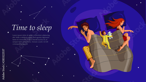 Web page template for family sleeping at night, young and friendly family, restful sleep, serenity. Vector illustration on the dark background for website development and mobile sites.