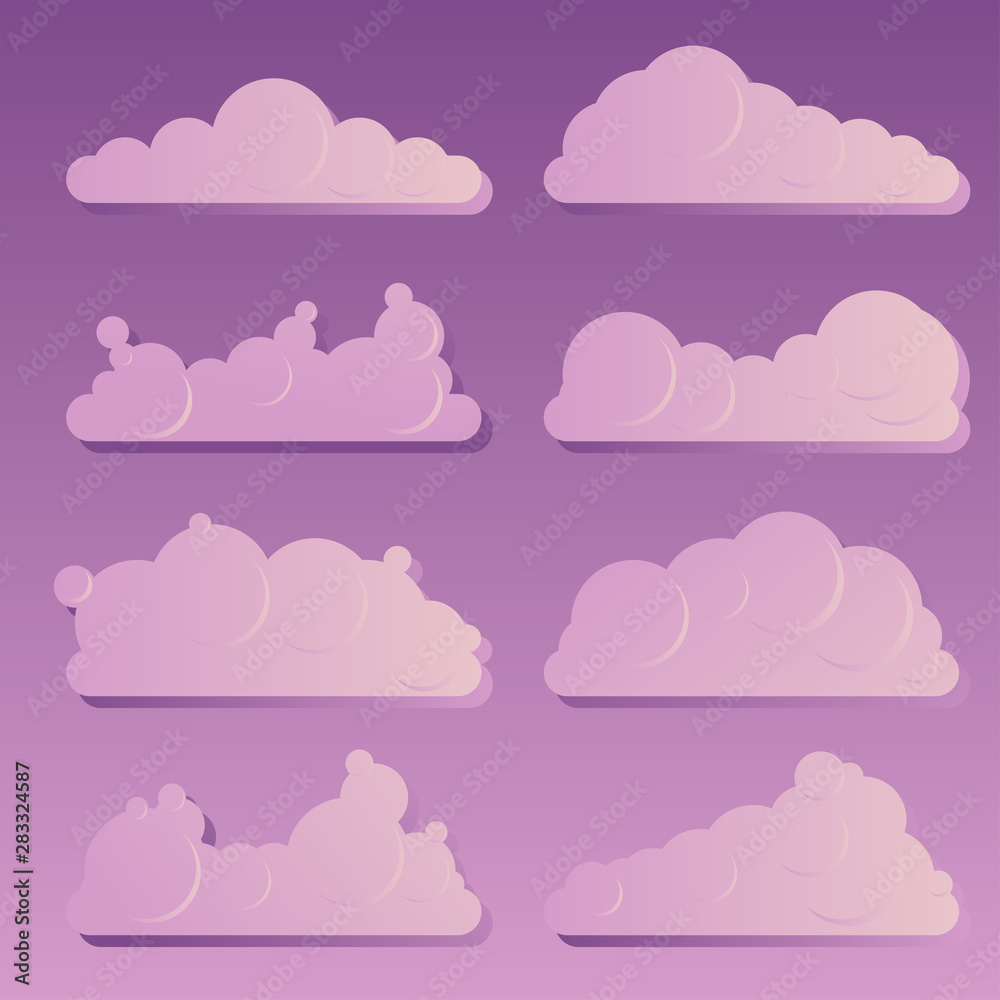 Set of cumulus clouds. Flat style with gradient. Set for creation of  beautiful modern sky.