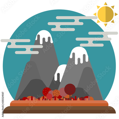 Cartoon mountains with round tops. Pretty autumn landscape with sun, clouds, trees and valley.